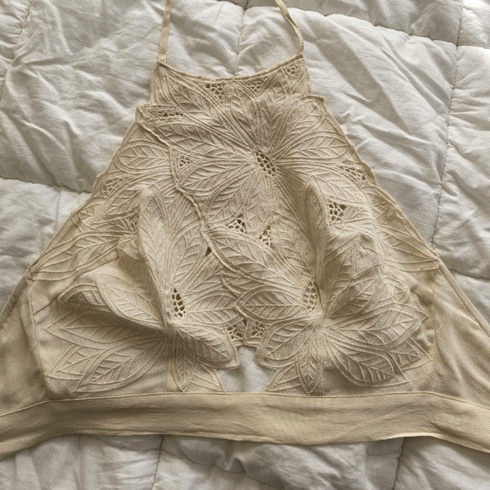 Astr the Label Cropped Embroidered Halter Tie Tank Top